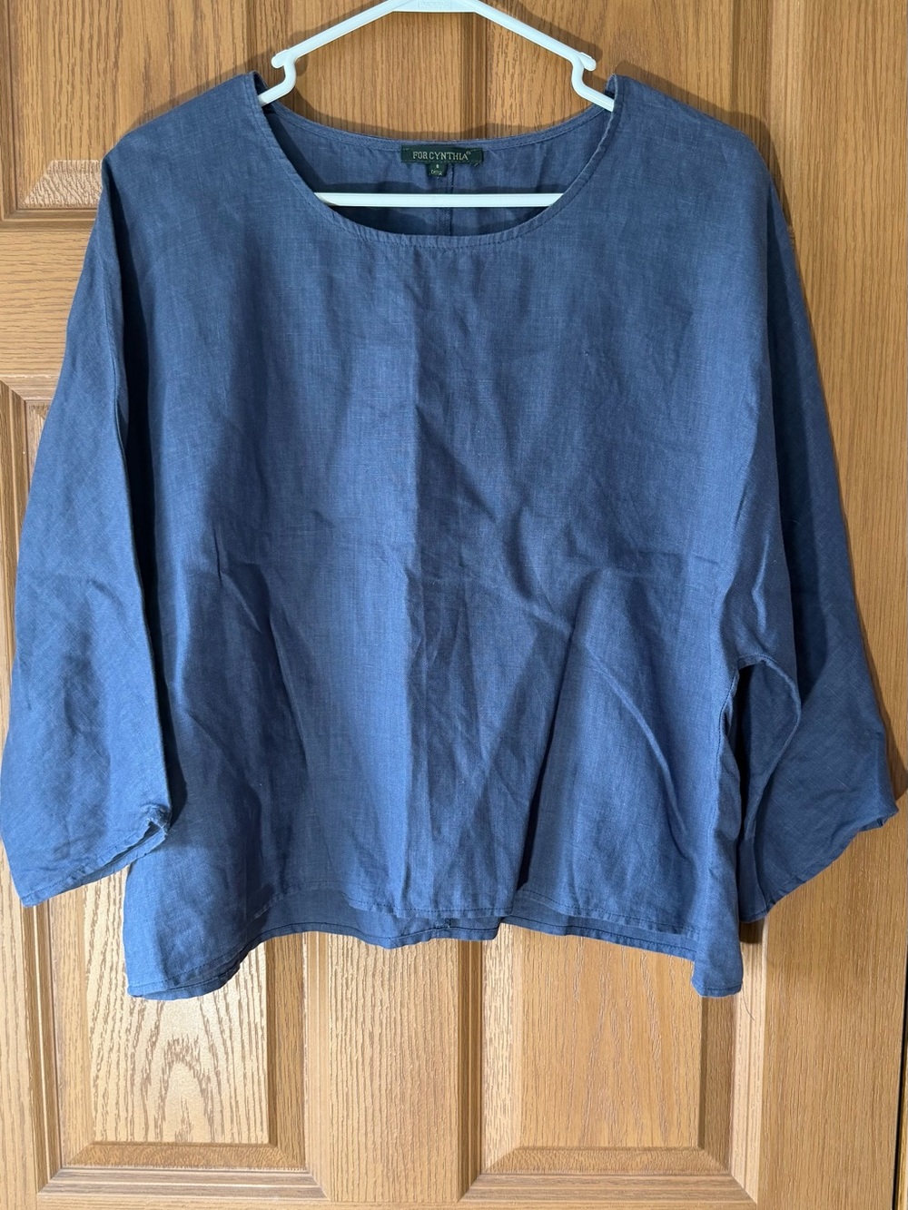 For Cynthia Navy Blue Relaxed Linen Scoop Neck Top